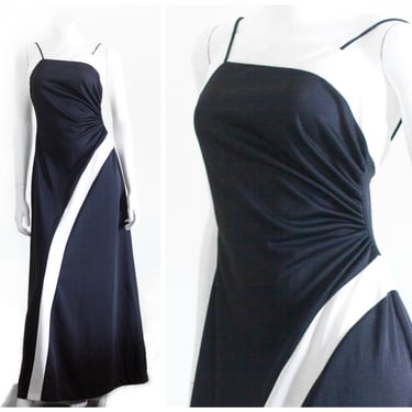 Vintage 1970s Black and White Floor Length Gown | Spaghetti Straps | Asymmetrical Neckline 