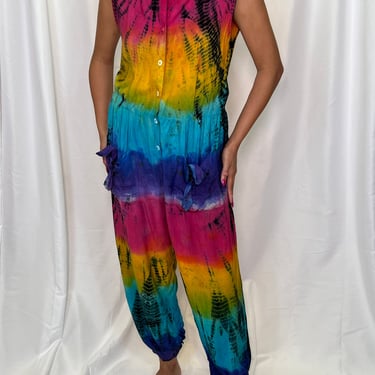 Vtg 80s 90s rainbow tie dye rayon jumpsuit 