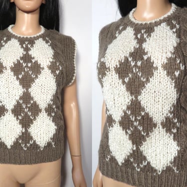 Vintage 80s/90s Argyle Hand Knit Taupe Sweater Vest Size S 