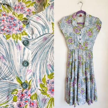 Vintage 1940s Hydrangea Print Cold Rayon Dress / XXS 