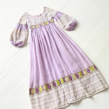 1970s Embroidered Lavender Purple + White Lace Maxi Dress with Balloon Sleeves 