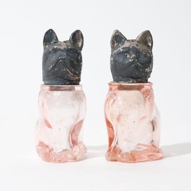 Vintage Cat and Dog Salt and Pepper Shakers, Pink Glass 