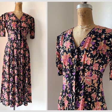 Vintage ‘90s Paris Sport Club floral print rayon dress | puff shoulder button down dress, S 