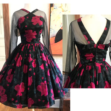 Stunning Vintage 1950's Silk Rose Print Cocktail Party  Dress with illusion neckline and sleeves  size Small 