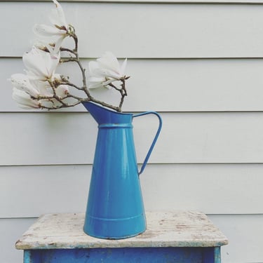 Beautiful vintage French enamelware blue pitcher 