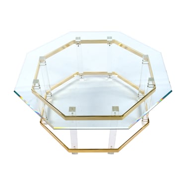Vintage 1970s Lucite and Gold Octagon Coffee Table with Glass Top 