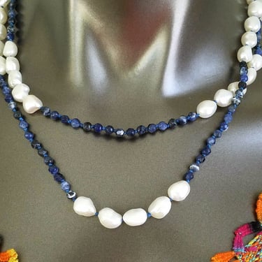 Sodalite & Pearl Necklace~Faceted Blue Sodalite, White Pearls~Hand Knotted Necklace~Artisan Jewelry 