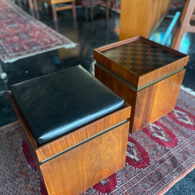 Pair Mid Century Walnut Ottomans/Storage Cubes with Reversible Chessboard by Lane Furniture
