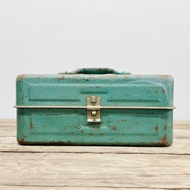Rustic Green Metal Tackle Box with Handle and Tray | Industrial | Toolbox | Craft Storage | Junk | Rustic | Box with Lid 