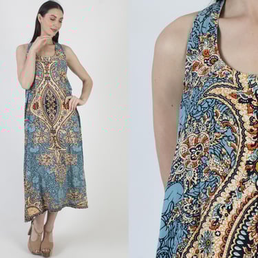 Ethnic Dashiki Dress, Long Batik Sundress, Vintage Indian Paisley Print, 70s Sun Cover Up 