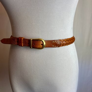 Vintage Braided woven leather belt long skinny boho hippie honey mahogany brown 90’s  trouser belt size 27”-30” waist 