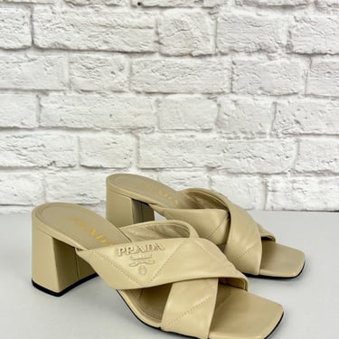 Prada Quilted Nappa Leather Heeled Sandals, Size 36, Desert Biege