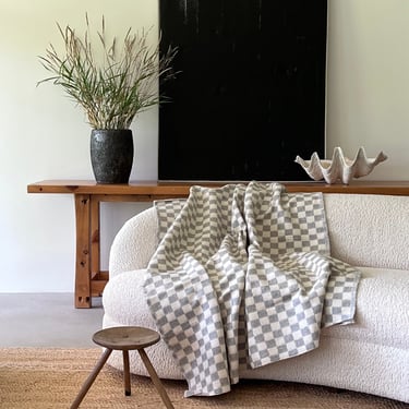 Vintage Cream Grey Patterned Throw Blanket | Cotton Blend Checkerboard Coverlet | 60" x 80" | BL103 