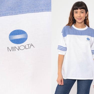 Vintage Minolta Camera Shirt 80s Graphic Shirt Film Ringer Tee Photographer Shirt Striped White Blue Tshirt Retro T Shirt Large 