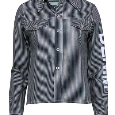 Off-White - Navy & White Striped High-Low Denim Jacket w/ Sleeve Graphic Sz XXS