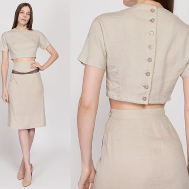 XS 60s Oatmeal Linen Crop Top & Midi Skirt Set | Vintage Short Sleeve Button Back Two Piece Matching Outfit 