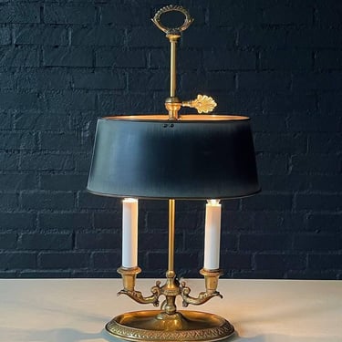 Vintage French Bouillette Double Brass Table Lamp with Tole Shade, c.1960’s 