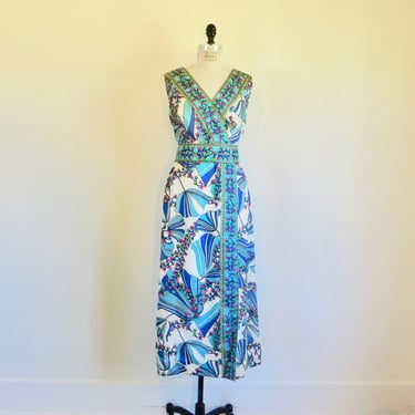 Vintage 1960's 70's Turquoise White Psychedelic Floral Print Silk Long Maxi Sheath Dress Mod 60's Spring Summer Resort 31.5
