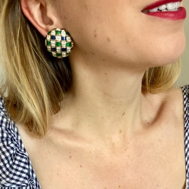 Blue & Green Enamel Basketweave Crystal Earrings
