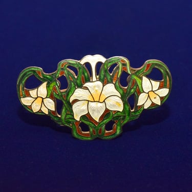 Sheffield Sterling Silver Guilloche Enamel Lily Brooch, Art Nouveau Jewelry, Valentines Day Gift, 2.875