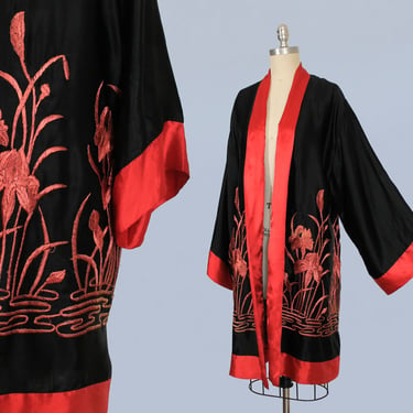1920s Robe / 20s Black Silk Satin SWAMP IRIS Flower Embroidered Robe with Red Trim 