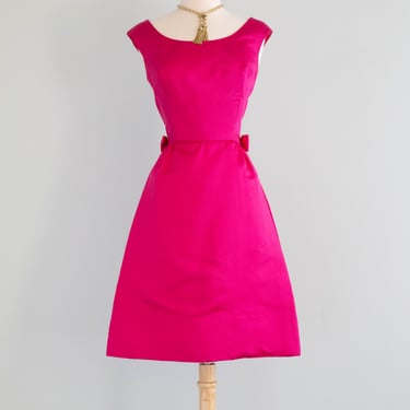 Stunning 1960's Shocking Pink Silk Cocktail Dress With Bows / Small as-is