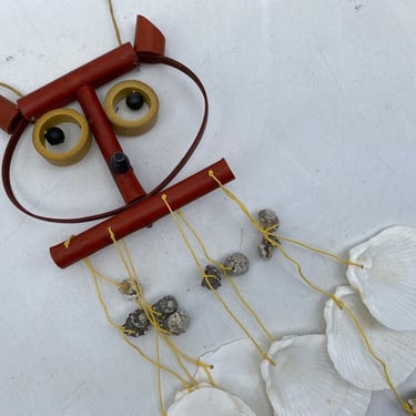 Vintage Owl Shell Wind Chime, Hanging Owl, Retro Wall Decor, Bamboo Hanging Owl, Sea Shell Mobile, Owl Lovers, Garden Decor, Screened Porch 