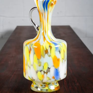 Mid Century Modern Art Glass Pitcher Wine Decanter Vase Yellow Orange Blue  Mcm