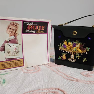 1960's Jewel Tone Appliqué Handbag with Fruit Motif 60's Purse 60s New Old Stock Purse 