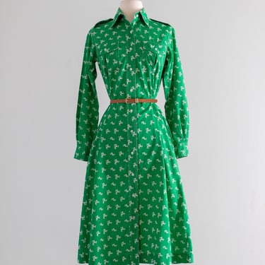 Vintage 1970's Kelly Green & Ivory Floral Shift Dress by Lanz / M