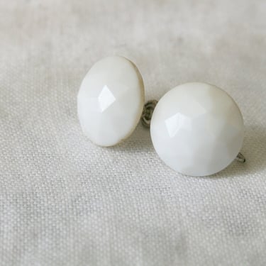 1950s Western Germany White Faceted Glass Screw Back Earrings 