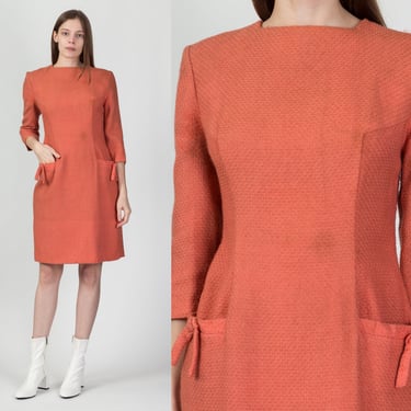60s Peach Wool Mini Dress, As Is - Medium | Vintage 3/4 Sleeve Retro Pocket Dress 