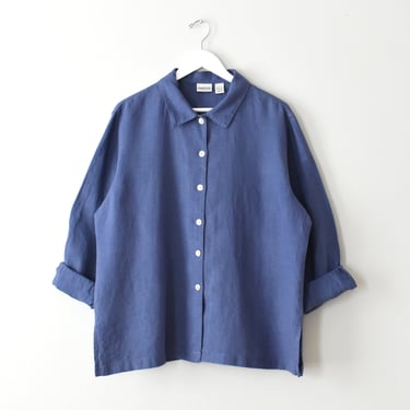 vintage blue linen shirt, loose fit button down, size xl 