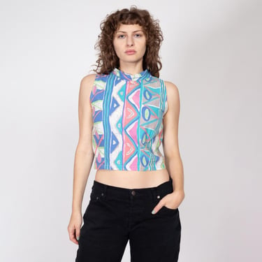 Medium 80s Batik Geometric Print Cropped Tank | Vintage Collared Keyhole  Sleeveless Crop Top 