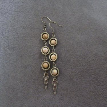 Yellow agate, wooden, and bronze dangle earrings 