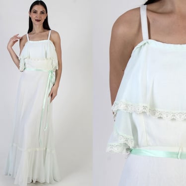 Mint Prairie Wedding Dress, 70s Sheer Floral Lace, Bridesmaids Maxi Gown, Boho Style Sundress 