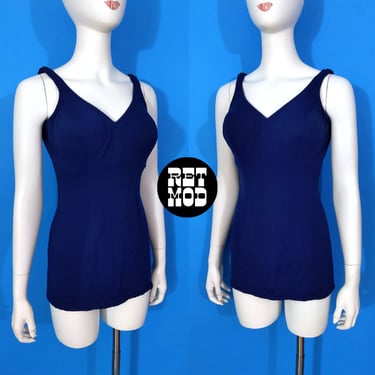 Simple & Sweet Vintage 60s 70s Navy Blue One-Piece Bombshell Swimsuit 