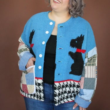 Chubby Dust Bunny Plus Size Handmade Recycled Fleece Puppy Colorblock Quilt Jacket. 1XL. Blue, White, Black. 