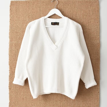 vintage white cotton v-neck sweater, thick ribbed knit pullover 