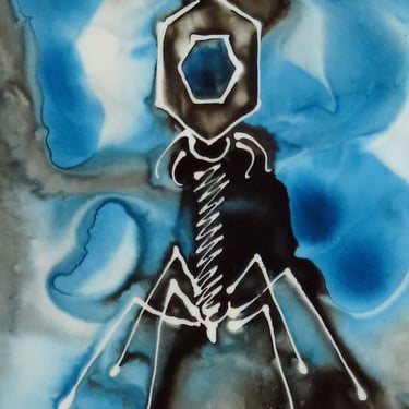 Black and Blue Bacteriophage: Original Ink painting on Yupo (poly paper) Science Art 