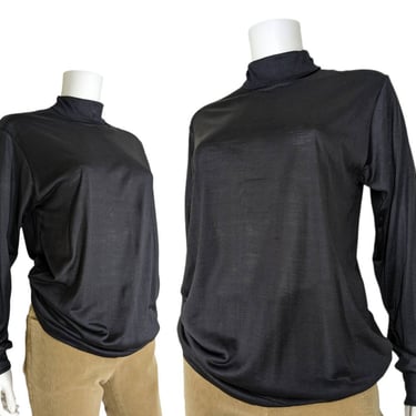 Vintage Black Silk Turtleneck Shirt, Large / Semi Sheer High Neck Cocktail Shirt / Black Dress Turtleneck Top / 1980s Basic Black Turtleneck 