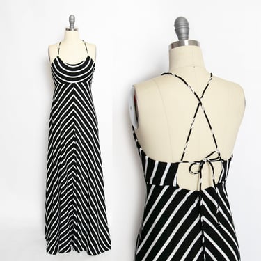1970s Dress Black White Striped Backless Maxi S/M 