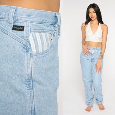 Wrangler Silverlake Jeans 90s Striped Western Denim High Waisted Mom Jeans Light Wash Blue Pants Tapered Straight Leg 1990s Vintage Small 26 