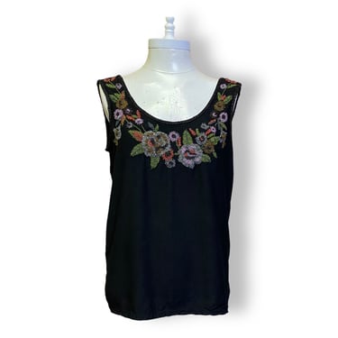 Vintage Black Tank Top Shirt Rayon with Floral Beaded Design by Together Medium 