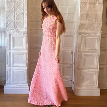 Vintage 1960s Pink Crochet Maxi Dress/ 60s Hand Made Pink Crocheted Gown One of A Kind S 
