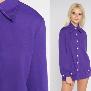 Purple Button Up Shirt 70s Disco Top Pointed Dagger Collar Long Sleeve Retro Collared Plain Preppy Pocket Blouse Vintage 1970s Medium M 
