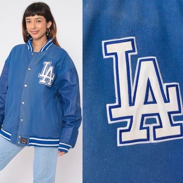 LA Dodgers Jacket Y2K Letterman Baseball Varsity Jacket Blue Wool Leather Bomber Retro Los Angeles Sports 00s Vintage Men's Extra Large XL 