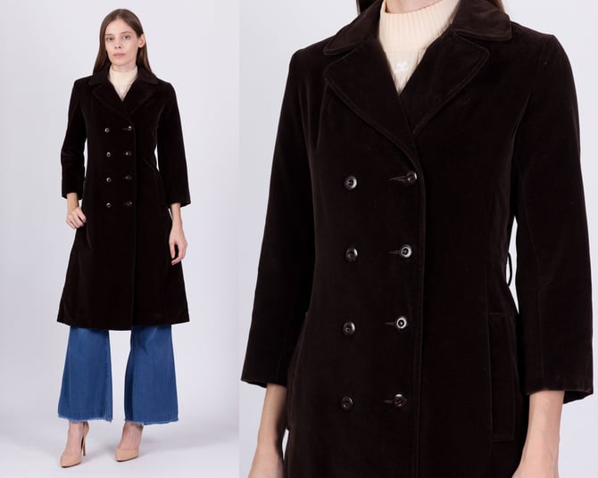 70s Chocolate Brown Velvet Coat - Petite XS | Vintage Double Breasted Long Boho Jacket 