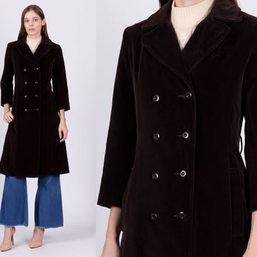 70s Chocolate Brown Velvet Coat - Petite XS | Vintage Double Breasted Long Boho Jacket 