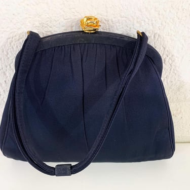 Vintage Navy Handbag Purse Retro Navy Blue Faille Fabric Pocketbook Gold Evening Bag 1950s 50s Kisslock Closure Mid-Century 